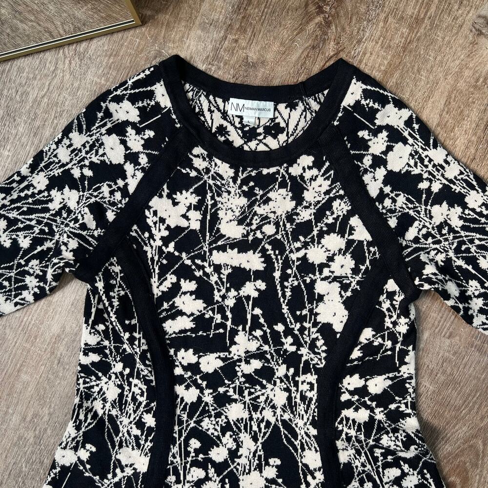 Neiman Marcus Floral Print Knee Length Dress Black and White - Picture 3 of 6